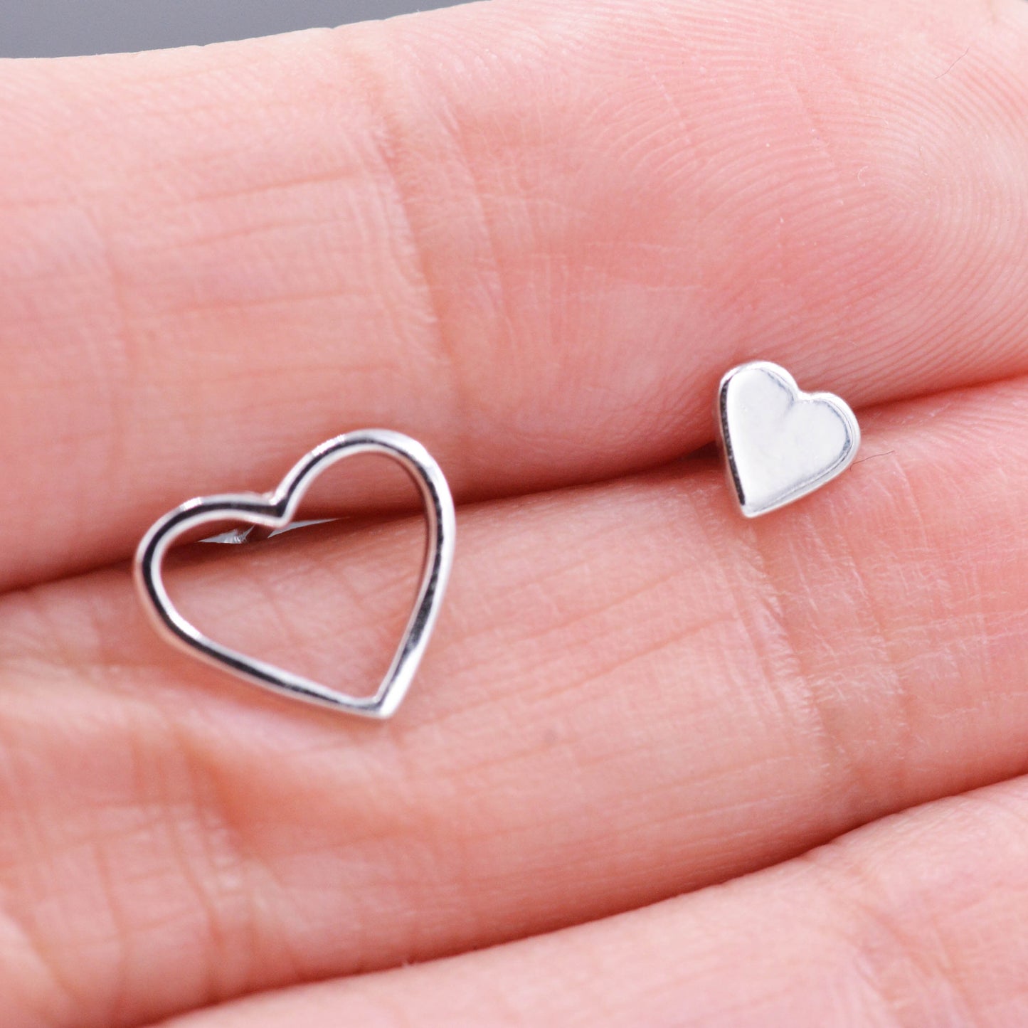 Sterling Silver Mismatched Asymmetric Big Heart Little Heart Stud Earrings,  Cute, Fun and Quirky Jewellery A16