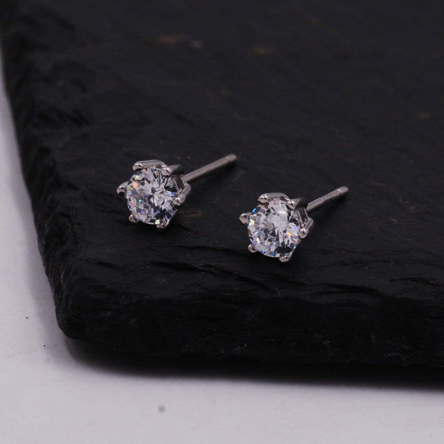 Sterling Silver Minimalist Solitaire CZ Crystal Dot Stud Earrings - Simulated Diamond -  3mm 4mm 5mm 6mm Six Prong Earrings