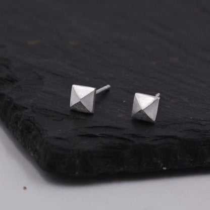 Sterling Silver Pyramid Spike Geometric Square 3D Earrings -  Minimalist Contemporary Geometry Design - Textured Finish