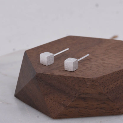 Sterling Silver Tiny 3D Square Cube Stud Earrings, Geometric Minimalist, Textured Finish Simple Design Jewellery
