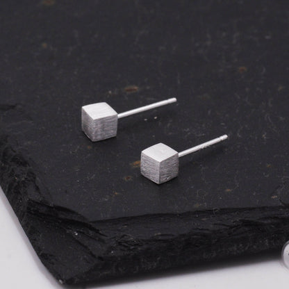 Sterling Silver Tiny 3D Square Cube Stud Earrings, Geometric Minimalist, Textured Finish Simple Design Jewellery