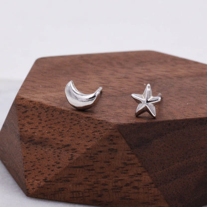 Sterling Silver Tiny Mismatched Asymmetric Moon and Star Stud Earrings, Celestial, Cute Fun Dainty Quirky Jewellery