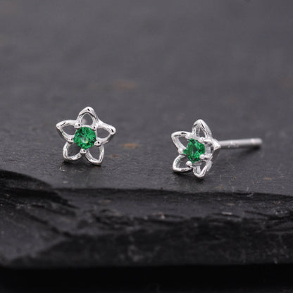 Sterling Silver Forget-me-not Flower Very Tiny Stud Earrings with CZ Crystals, Nature Inspired Design,