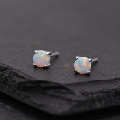 Minimalist Opal Stud Earrings in Sterling Silver, Simulated White or Blue Opal, Tiny Circle Dot Jewellery