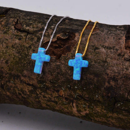 Blue Opal Cross Pendant Necklace. Delicate Sterling Silver Necklace. Gold Plated or Rose Gold. Dainty and Delicate