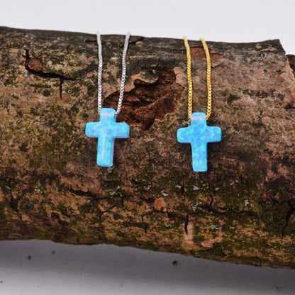 Blue Opal Cross Pendant Necklace. Delicate Sterling Silver Necklace. Gold Plated or Rose Gold. Dainty and Delicate