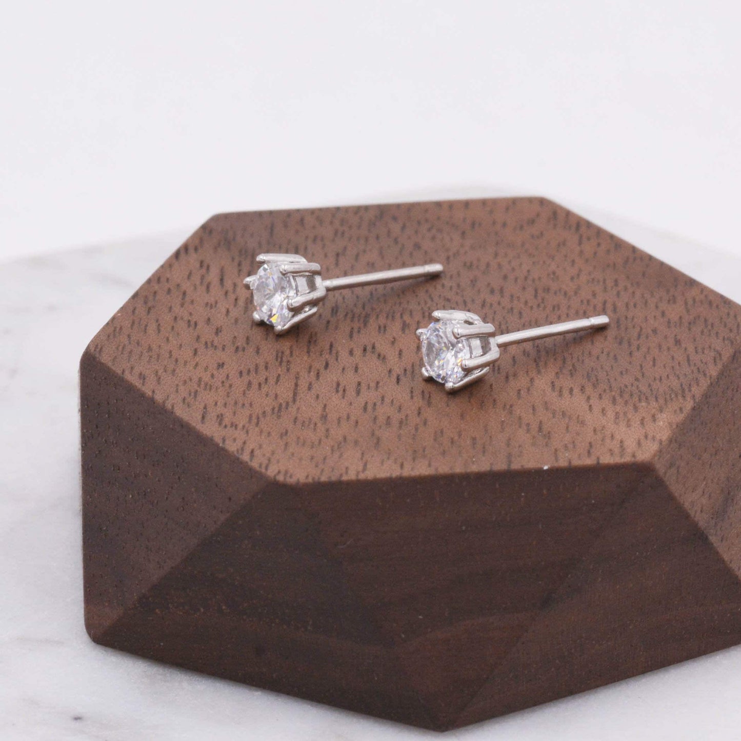 Sterling Silver Minimalist Solitaire CZ Crystal Dot Stud Earrings - Simulated Diamond -  3mm 4mm 5mm 6mm Six Prong Earrings