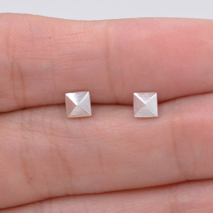 Sterling Silver Pyramid Spike Geometric Square 3D Earrings -  Minimalist Contemporary Geometry Design - Textured Finish