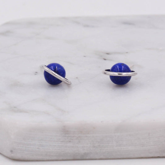 Sterling Silver &#39;Blue Planet&#39; Saturn Planet Halo Stud Earrings with Lapis Lazuli Semi-precious Gemstone, Cute Fun Quirky Design