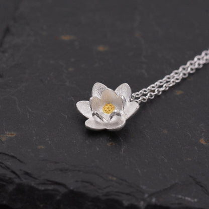 Sterling Silver Water lily Lotus Flower Blossom Pendant Necklace with Partial 18ct Gold Plating, Sweet Cute Pretty Jewellery