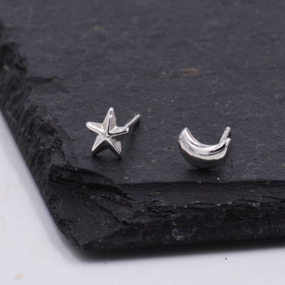 Sterling Silver Tiny Mismatched Asymmetric Moon and Star Stud Earrings, Celestial, Cute Fun Dainty Quirky Jewellery