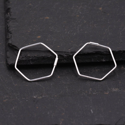 Sterling Silver Minimalist Geometric Hexagon Hoop Style Earrings, Dainty and Delicate, Geometry Modern Contemporary Design