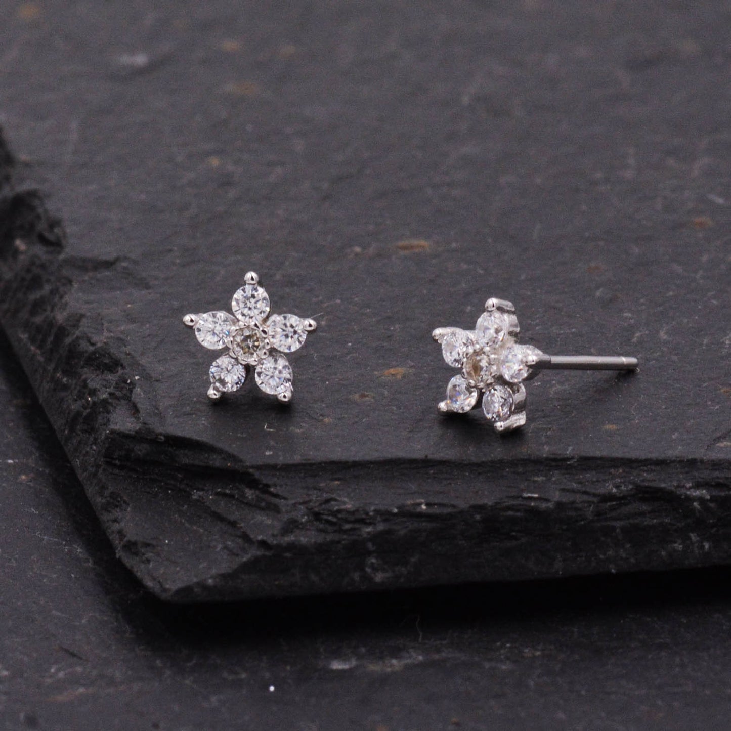 Very Sparkly Forget-me-not Flower Dainty Stud Earrings in Sterling Silver with CZ Crystals, Nature Inspired Design, Delicate and Pretty