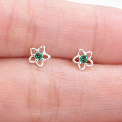 Sterling Silver Forget-me-not Flower Very Tiny Stud Earrings with CZ Crystals, Nature Inspired Design,