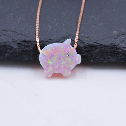 Opal Pig Pendant. Delicate Sterling Silver Necklace. Pink Opal. Gold Plated or Rose Gold Plated.
