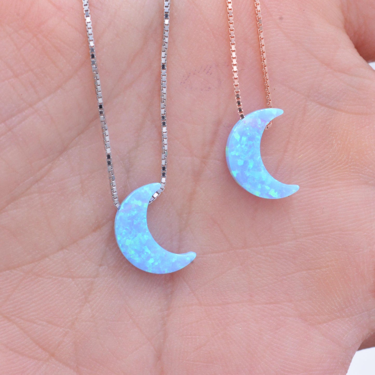 Opal Moon Pendant. Delicate Sterling Silver Necklace. Blue Opal or White Opal. Gold Plated or Rose Gold Plated. Celestial Jewellery.