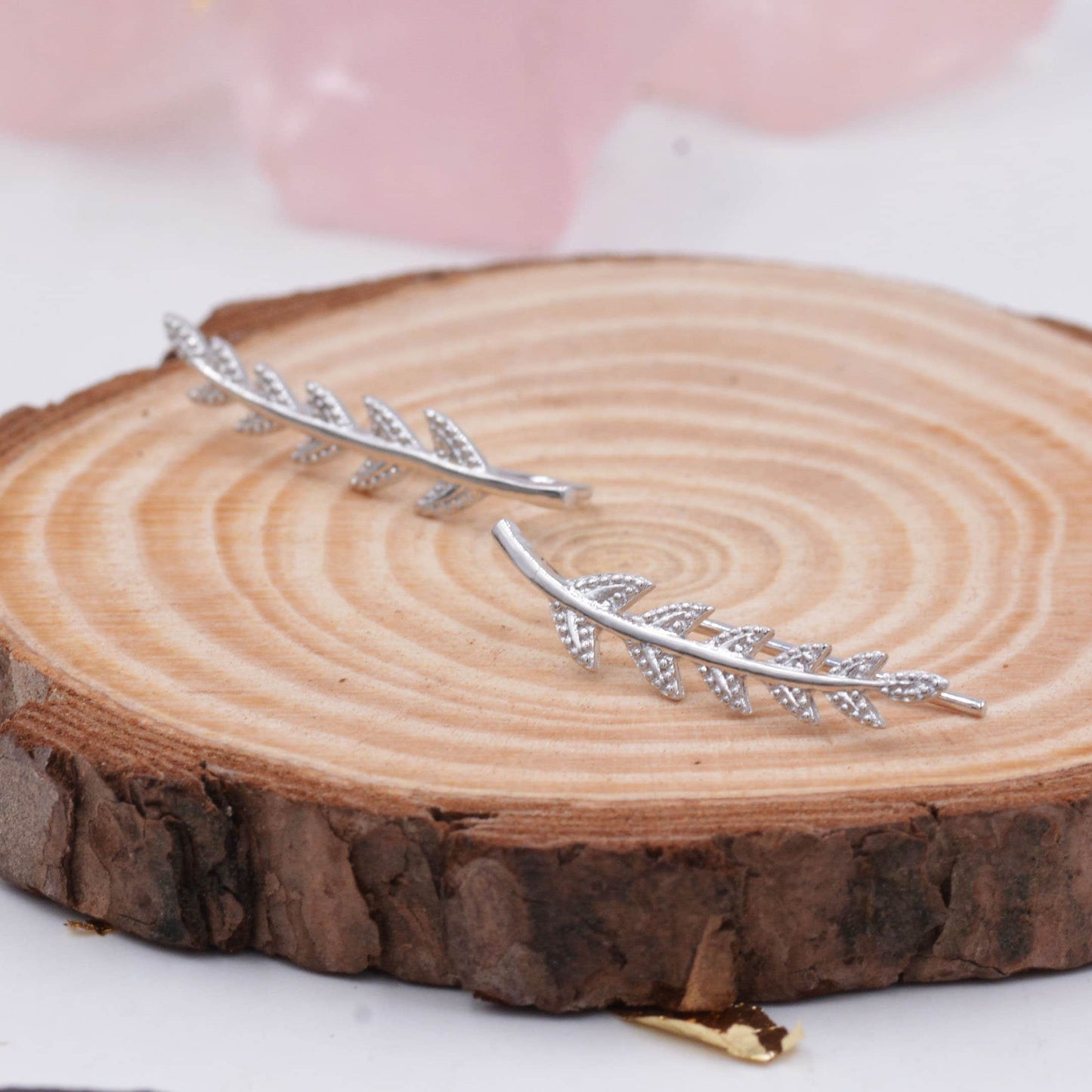 Sterling Silver Olive Leaf on Branch Ear Climber, Nature Inspired Jewellery, Pretty and Delicate Ear Crawlers J21