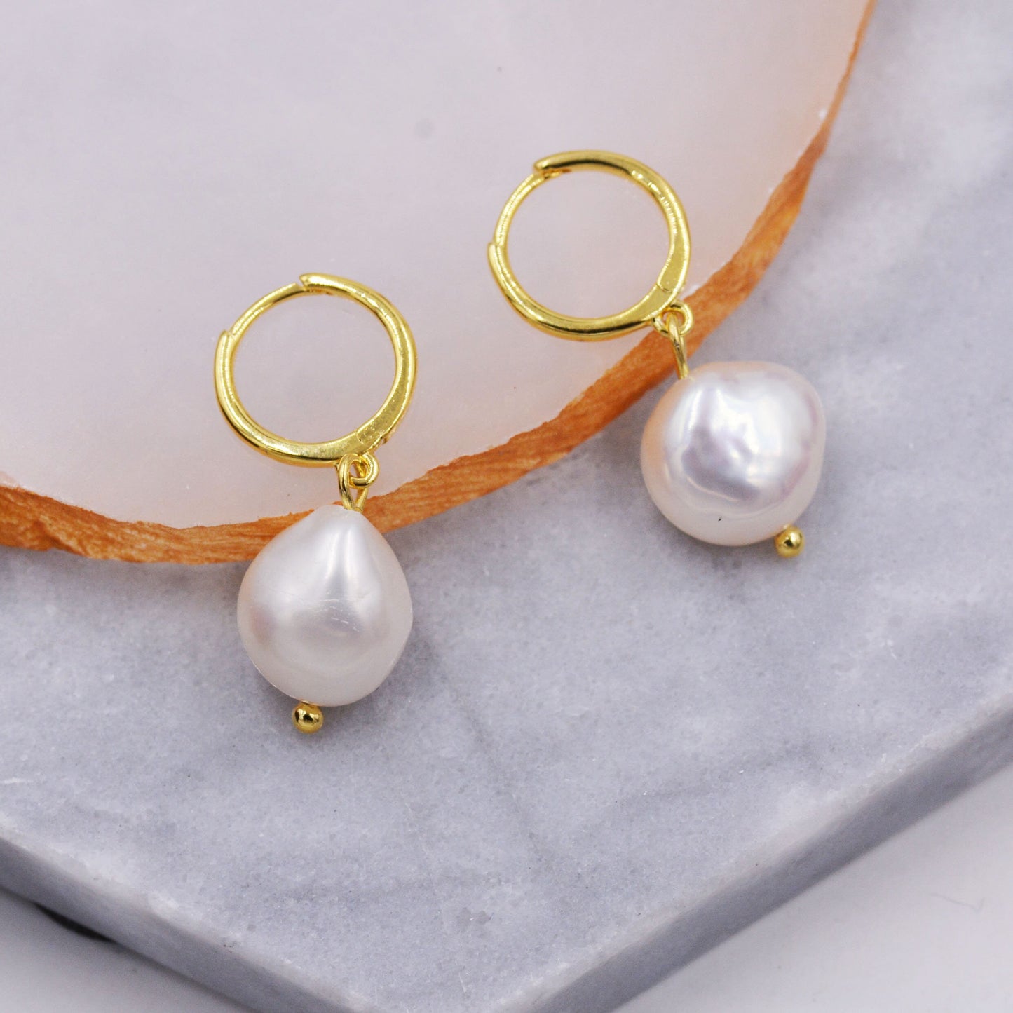 Sterling Silver Baroque Pearl Huggie Hoop Earrings, Drop Earrings with 18ct Gold Plate, Genuine Freshwater Pearls, Irregular Pearls J32