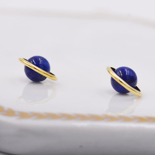 Sterling Silver &#39;Blue Planet&#39; Saturn Planet Halo Stud Earrings with Lapis Lazuli Gemstone, Gold or Silver, Cute Fun Quirky Design