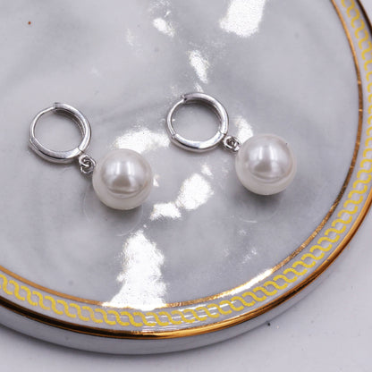 Sterling Silver Dangling Pearl Huggie Hoop Earrings, Drop Earrings with large Pearls, Mother of Pearl Beads, Simulated Pearls