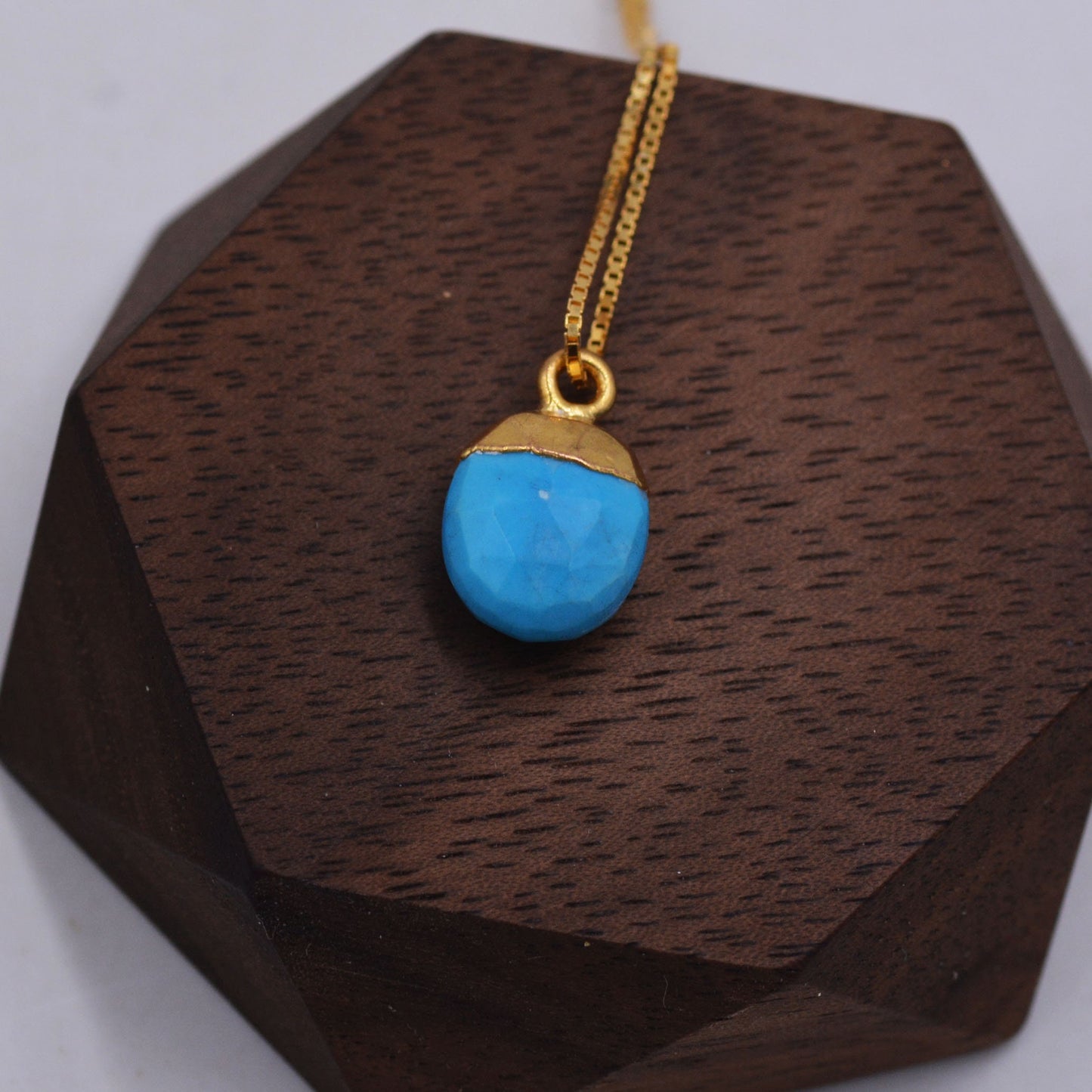 Dainty Gold Dipped Turquoise Stone Pendant Necklace in Sterling Silver, Droplet Faceted Natural Gemstone Jewellery, Delicate and Petite