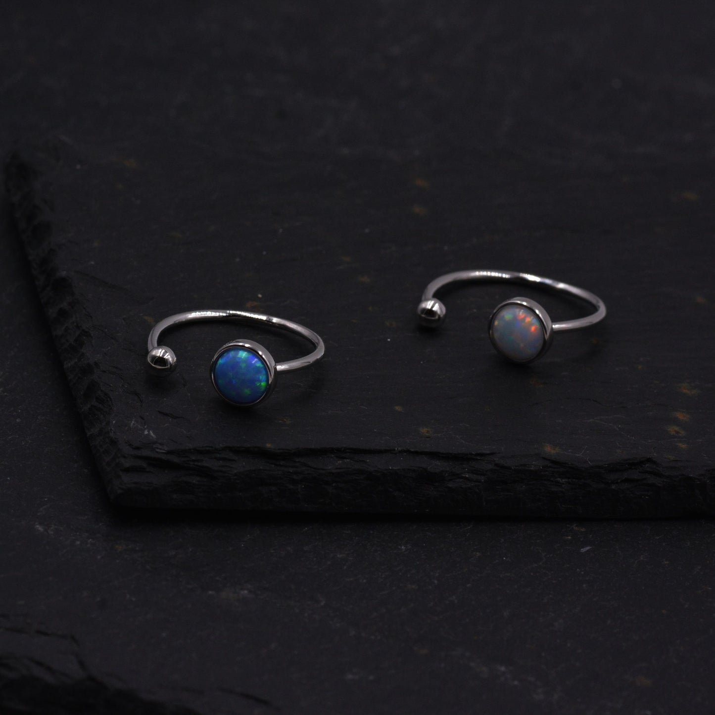 Sterling Silver Opal Ring, Open Ring Adjustable Size, Blue or White Opal, Skinny Stacking Ring, Midi Ring, Minimalist Geometric Ring