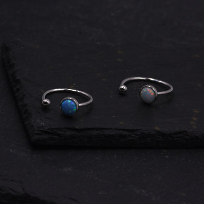Sterling Silver Opal Ring, Open Ring Adjustable Size, Skinny Stacking Ring, Midi Ring, Minimalist Geometric Ring
