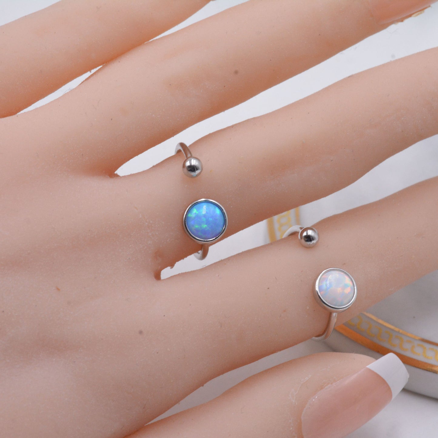 Sterling Silver Opal Ring, Open Ring Adjustable Size, Blue or White Opal, Skinny Stacking Ring, Midi Ring, Minimalist Geometric Ring