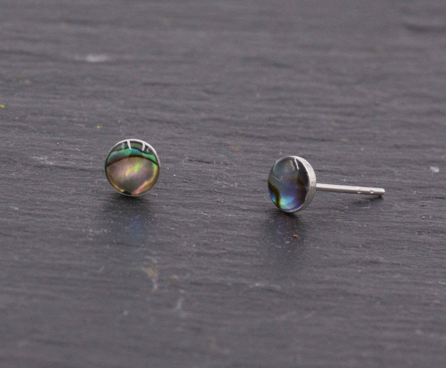 Sterling Silver Super Cute Dainty Little Circle Disk Dot Stud Earrings, Sea Abalone Paua Shell, Minimalist Geometric Design H14