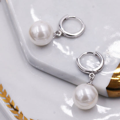 Sterling Silver Dangling Pearl Huggie Hoop Earrings, Drop Earrings with large Pearls, Mother of Pearl Beads, Simulated Pearls