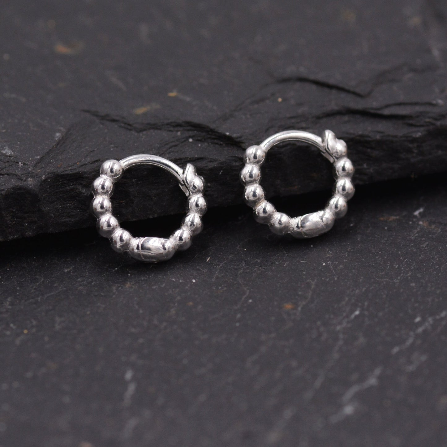 Sterling Silver Small Huggie Hoop Earrings, Pebble Circle Round Earrings, Minimalist Geometric Design J42