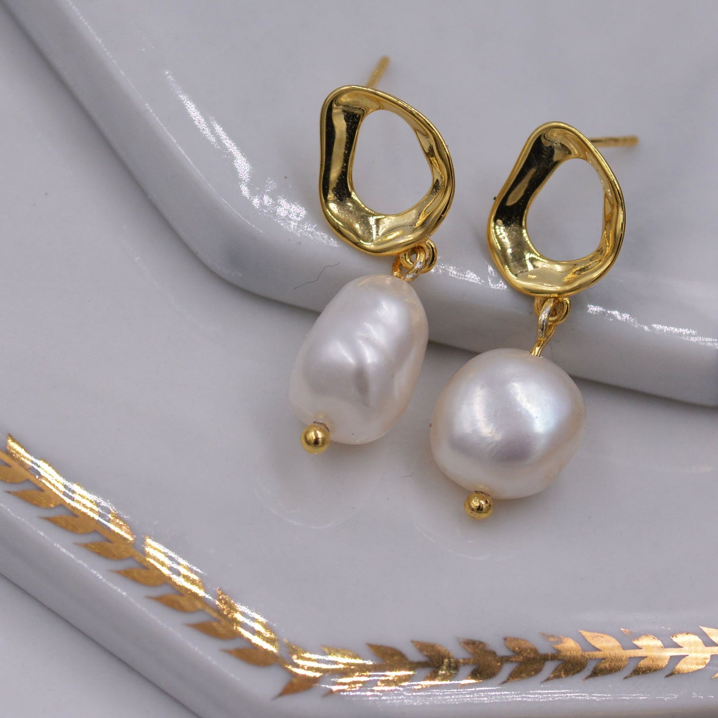 Genuine Fresh Water Pearl Drop Stud Earrings, Baroque Pearl, Sterling silver with 18ct Gold Plating, Contemporary Design