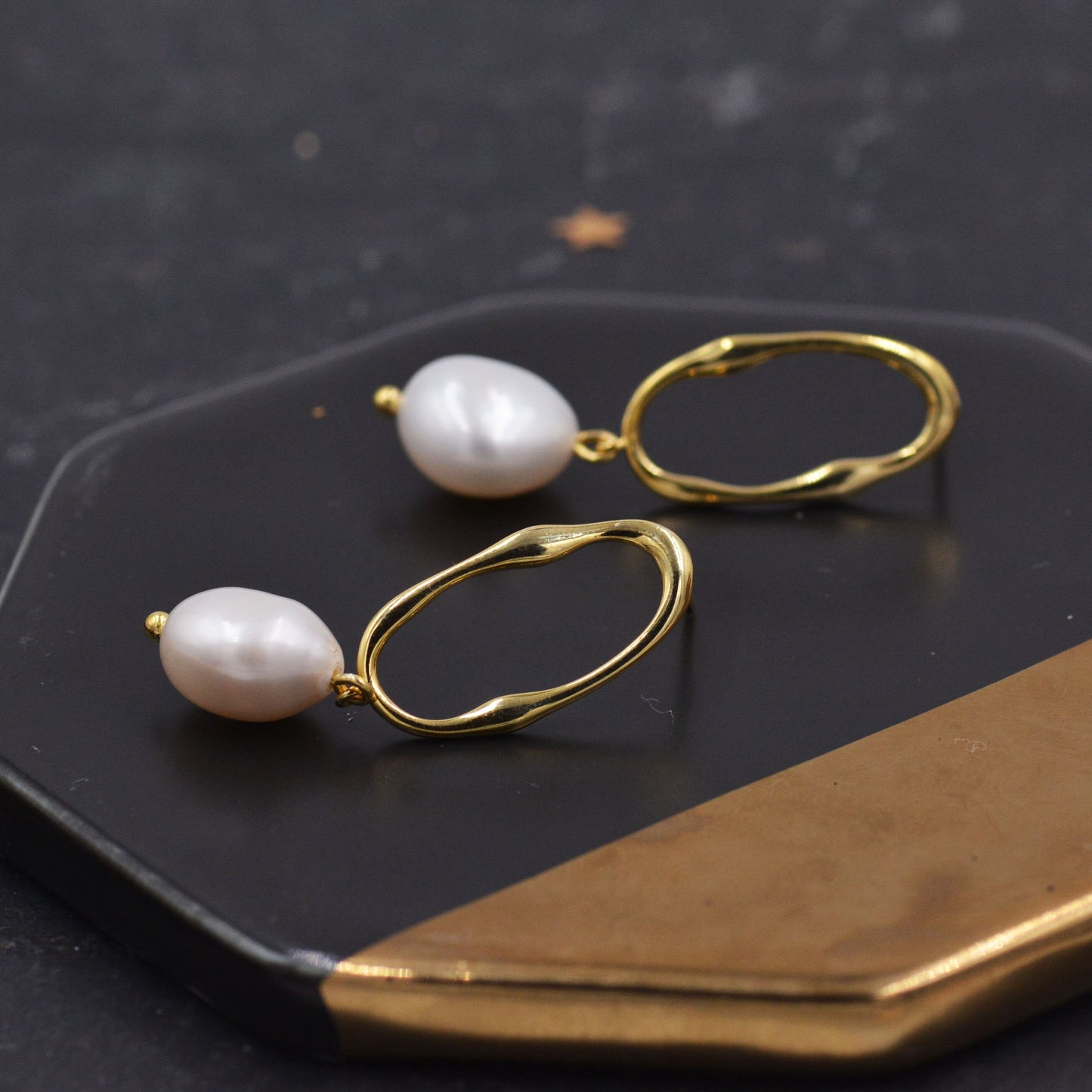 Sterling Silver Irregular Hoop Drop Stud Earrings with Baroque Pearls, Genuine Freshwater Pearls, 18ct Gold Plated Silver