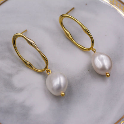 Sterling Silver Irregular Hoop Drop Stud Earrings with Baroque Pearls, Genuine Freshwater Pearls, 18ct Gold Plated Silver