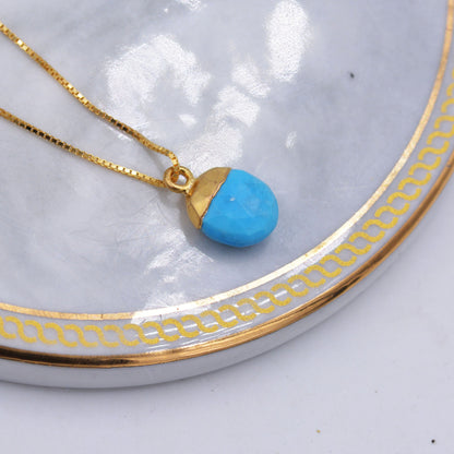 Dainty Gold Dipped Turquoise Stone Pendant Necklace in Sterling Silver, Droplet Faceted Natural Gemstone Jewellery, Delicate and Petite