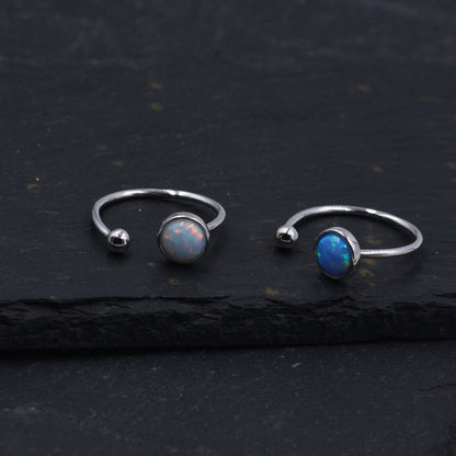 Sterling Silver Opal Ring, Open Ring Adjustable Size, Blue or White Opal, Skinny Stacking Ring, Midi Ring, Minimalist Geometric Ring