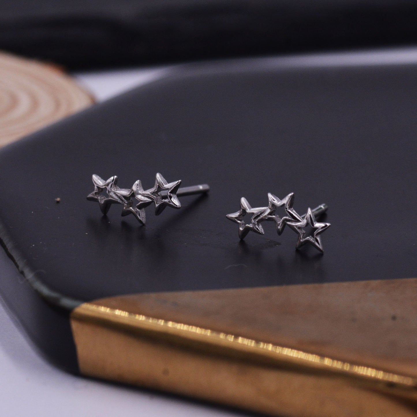 Tiny Open Star Trio Stud Earrings in Sterling Silver, Celestial Jewellery with Star Motif, Delicate and Stylish