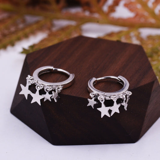 Huggie Hoop Earrings with Dangling Star Charms in Sterling Silver, Celestial Geometric Design