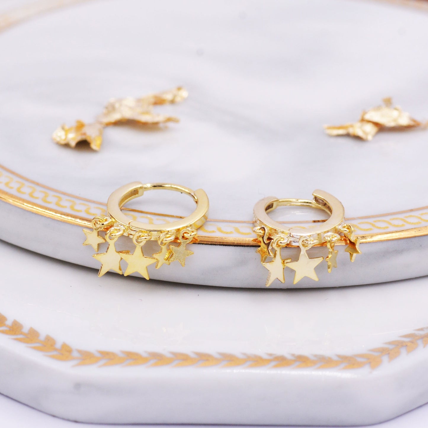 Huggie Hoop Earrings with Dangling Star Charms in Sterling Silver, Celestial Geometric Design