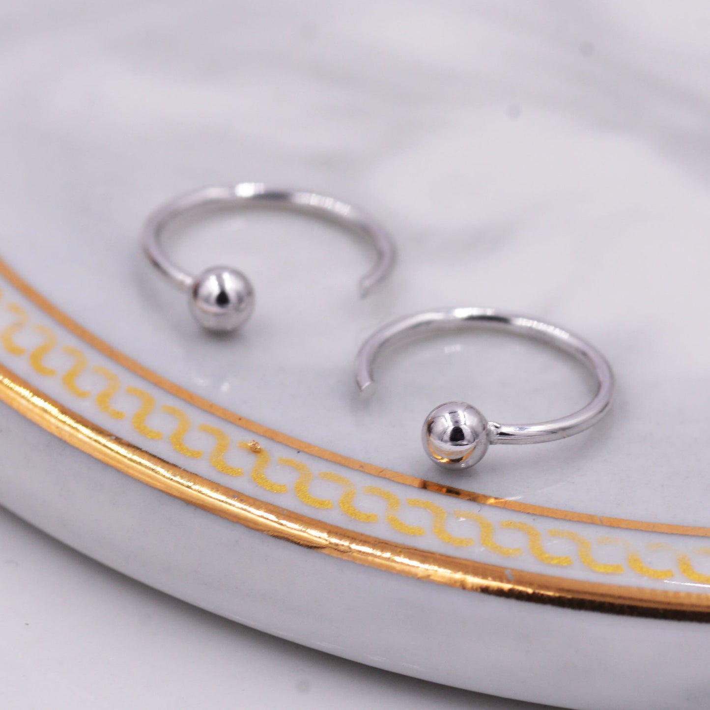 Minimalist Ball Huggie Hoop Threader Earrings in Sterling Silver, Pull Through Open Hoop Earrings