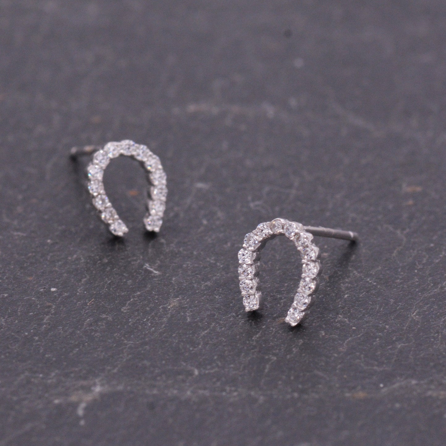 Sterling Silver Horseshoe Stud Earrings with Sparkling CZ Crystals, Fun and Quirky, Jewellery for Good Luck K35