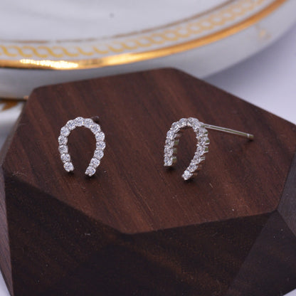 Sterling Silver Horseshoe Stud Earrings with Sparkling CZ Crystals, Fun and Quirky, Jewellery for Good Luck