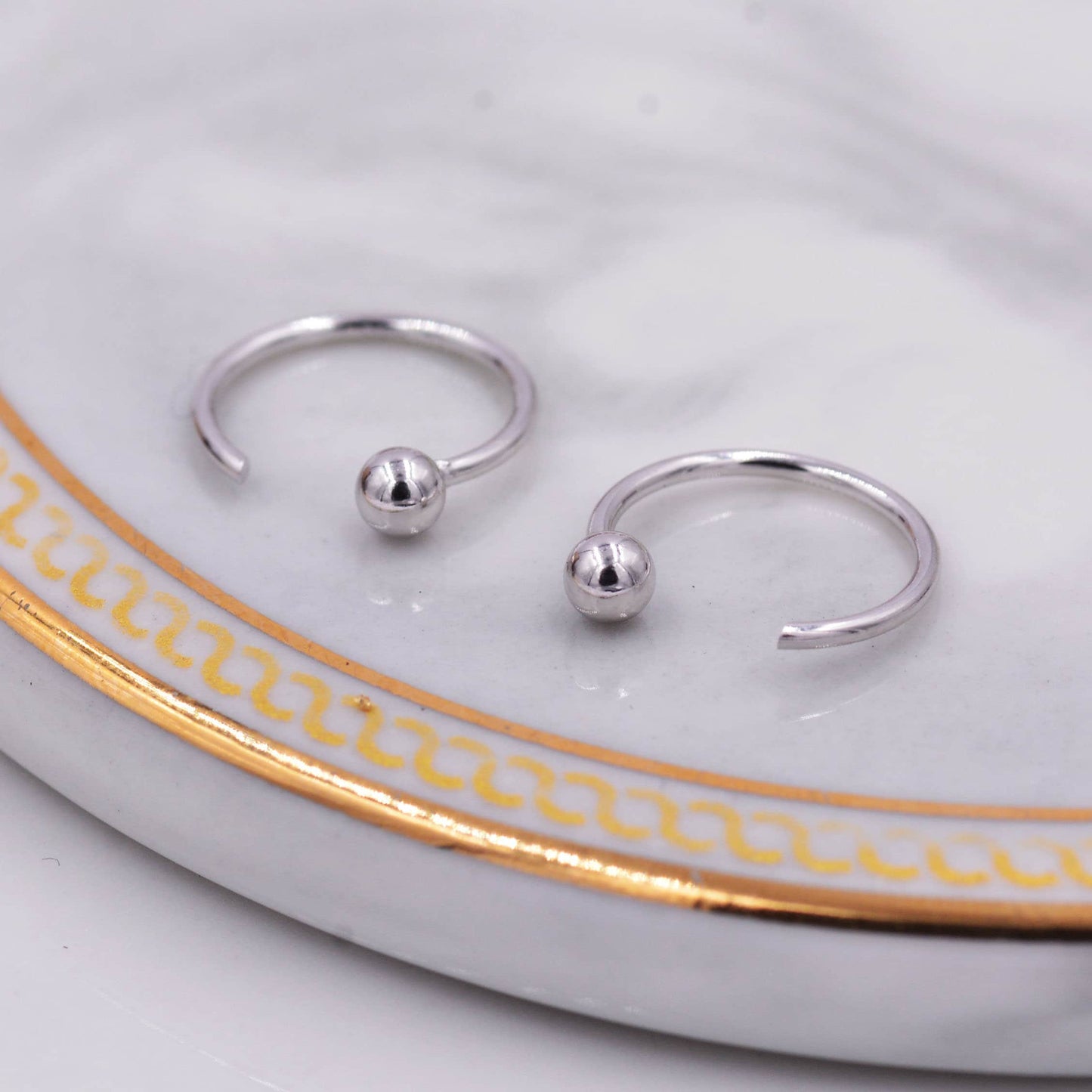 Minimalist Ball Huggie Hoop Threader Earrings in Sterling Silver, Pull Through Open Hoop Earrings