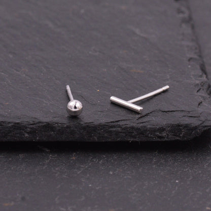 Mismatched Ball and Bar Dainty Stud Earrings in Sterling Silver, Gold or Silver Finish, Geometric Minimalist Design, Simple Studs, Tiny
