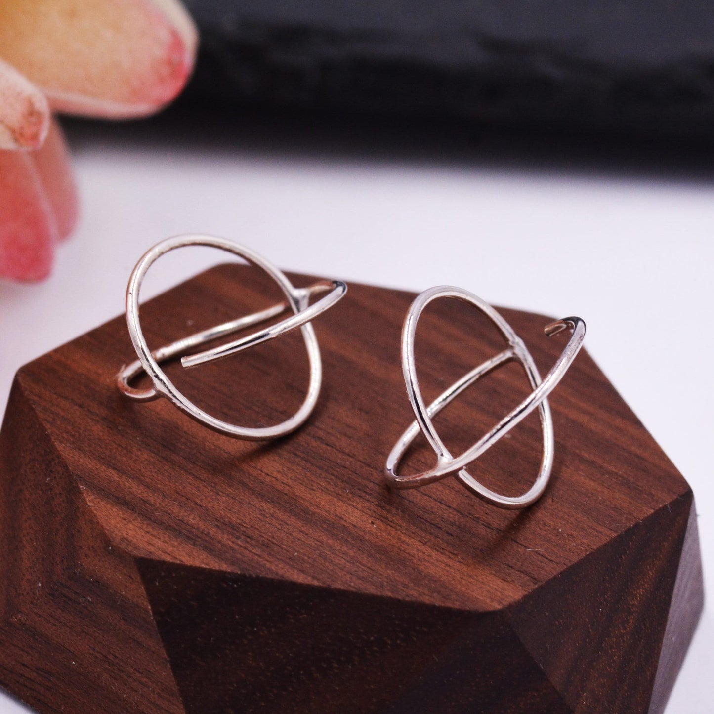 Circle Halo Stud Earrings in Sterling Silver, Geometric Threader Pull Through Earrings,