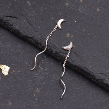Sterling Silver Dainty Crescent Moon Threader Earrings, Silver or Gold, Swirl Ear Threader, Elegant and Pretty, Minimalist and Geometric