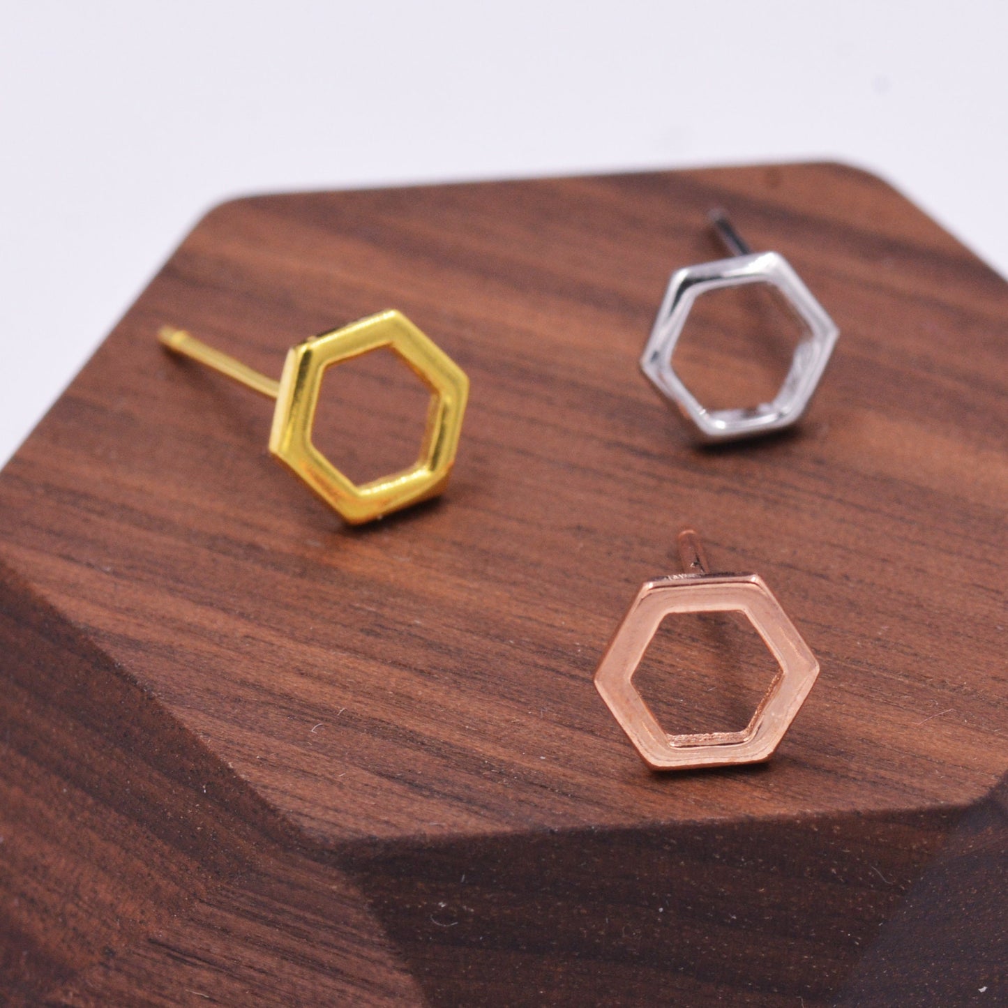 Sterling Silver Open Hexagon Stud Earrings, Silver, Gold and Rose Gold Finish Minimalist and Geometric Design