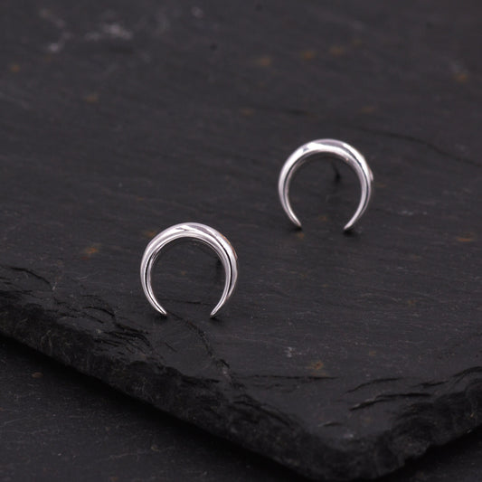 Sterling Silver Crescent Moon Stud Earrings, Horn Earrings, Celestial Jewellery, Simple Geometric Design