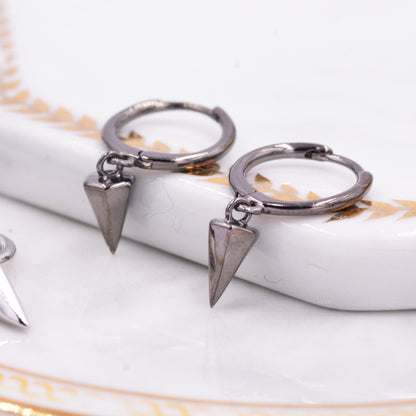 Dangling Spike Dagger Huggie Hoop Earrings in Sterling Silver, Dangle Hoop Earrings, Gold Coated Geometric Huggie Hoops