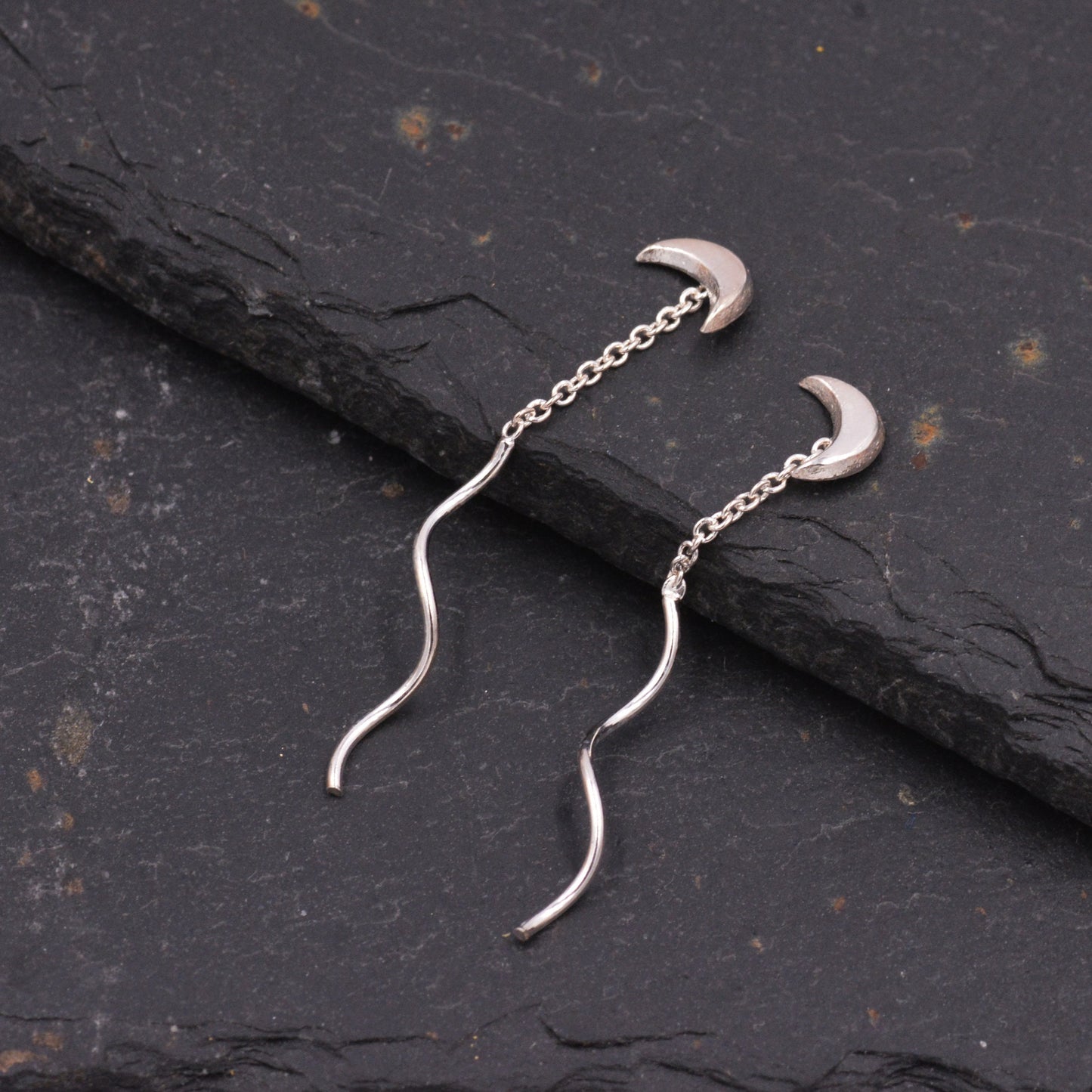 Sterling Silver Dainty Crescent Moon Threader Earrings, Silver or Gold, Swirl Ear Threader, Elegant and Pretty, Minimalist and Geometric